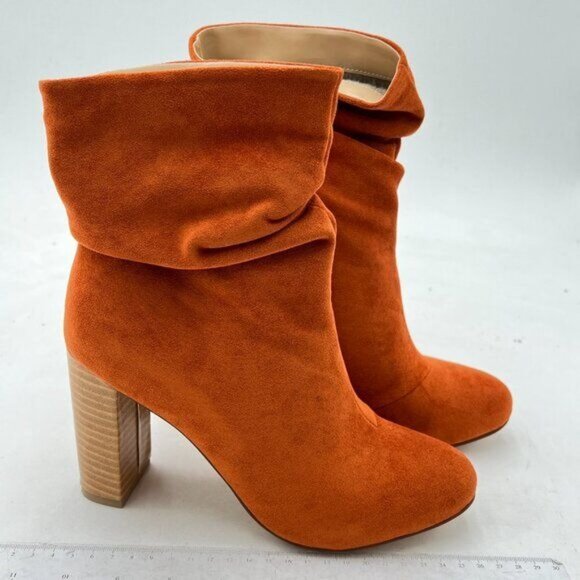 YDN Brown Pull on Chunky Heel Slouch Ankle Boots Round Toe Stacked Retro Shoes - Picture 4 of 8